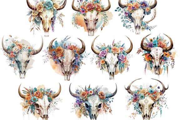 Floral Bull Skull PNG Bundle