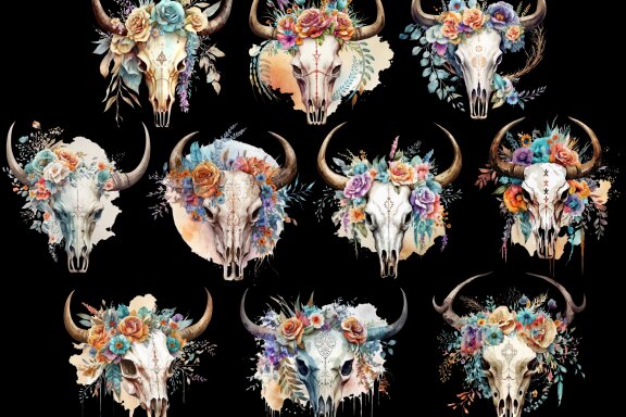 Floral Bull Skull PNG Bundle