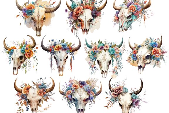 Floral Bull Skull PNG Bundle