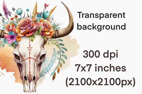 Floral Bull Skull PNG Bundle