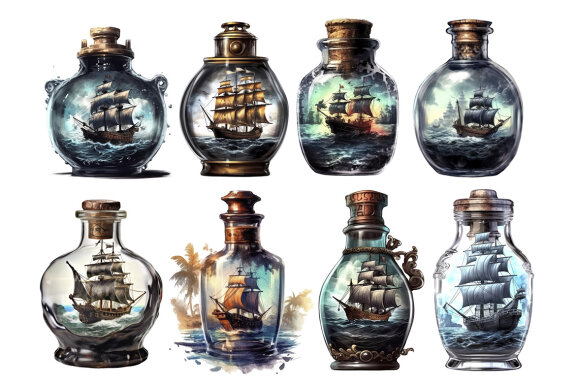 Pirate ship in a bottle PNG Bundle
