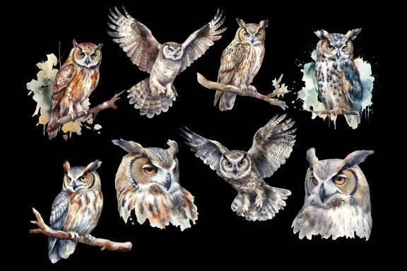 Watercolor Owl PNG Bundle