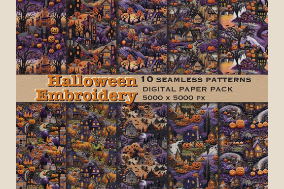 Halloween Embroidery Seamless Patterns Bundle