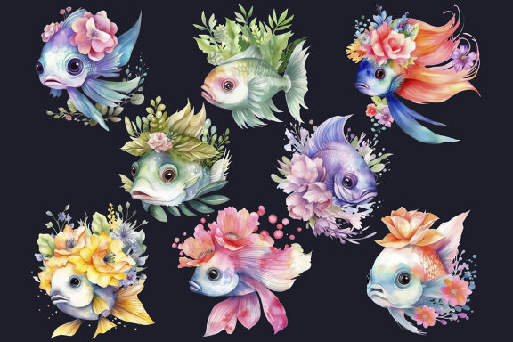 Watercolor Flower Fishes PNG Bundle