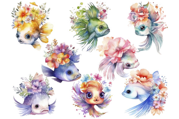 Watercolor Flower Fishes PNG Bundle