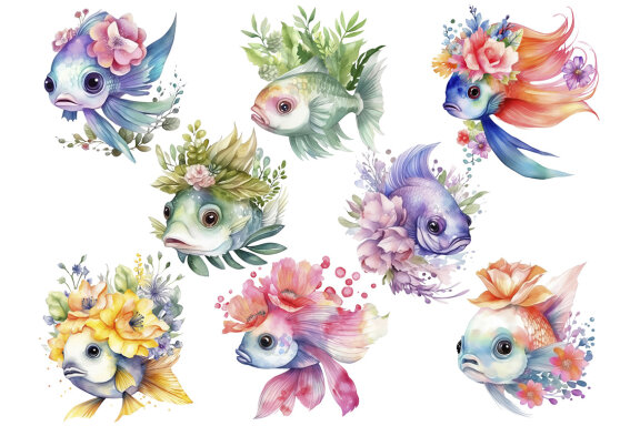 Watercolor Flower Fishes PNG Bundle