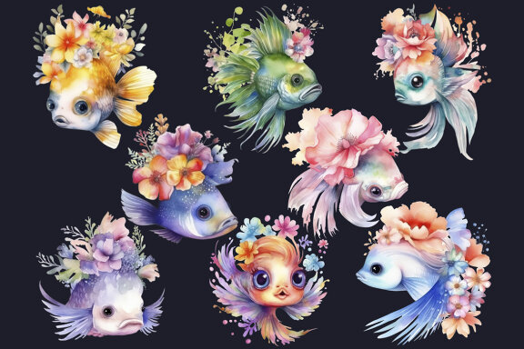 Watercolor Flower Fishes PNG Bundle