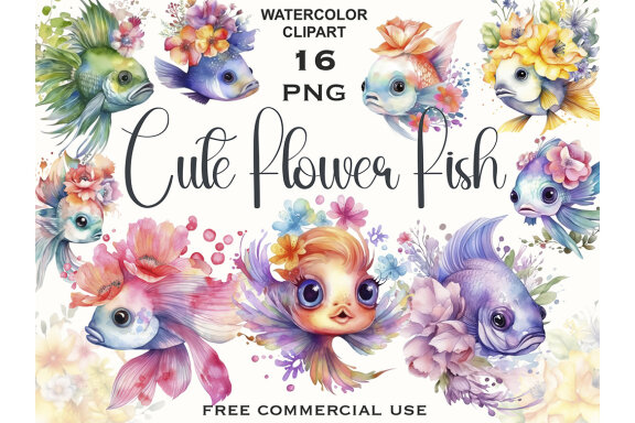 Watercolor Flower Fishes PNG Bundle