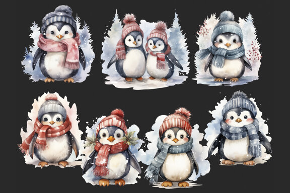 Winter Penguins PNG bundle