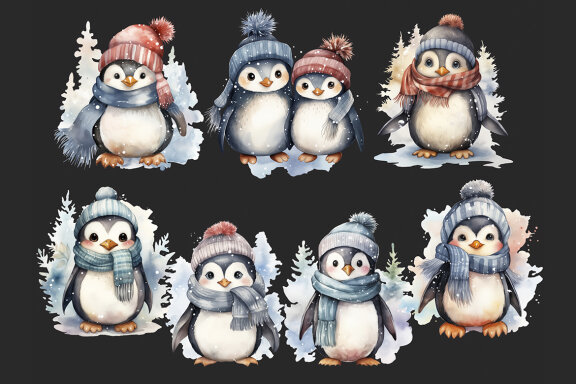 Winter Penguins PNG bundle