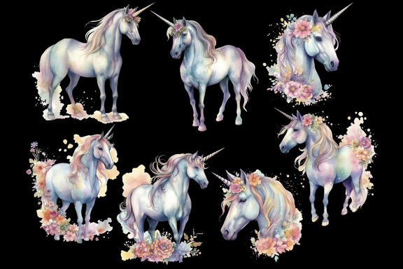 Floral Unicorn PNG Bundle, Fantasy Animal Clipart