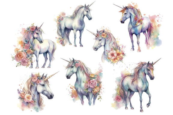 Floral Unicorn PNG Bundle, Fantasy Animal Clipart