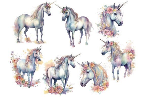 Floral Unicorn PNG Bundle, Fantasy Animal Clipart