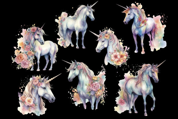 Floral Unicorn PNG Bundle, Fantasy Animal Clipart