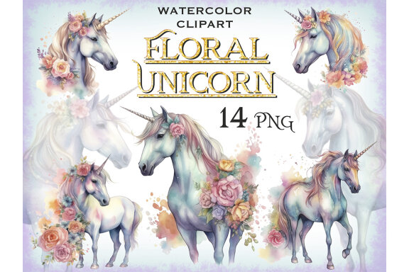 Floral Unicorn PNG Bundle, Fantasy Animal Clipart