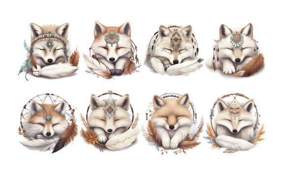 Dreaming Fox PNG Bundle, Cute Boho Foxes Clipart