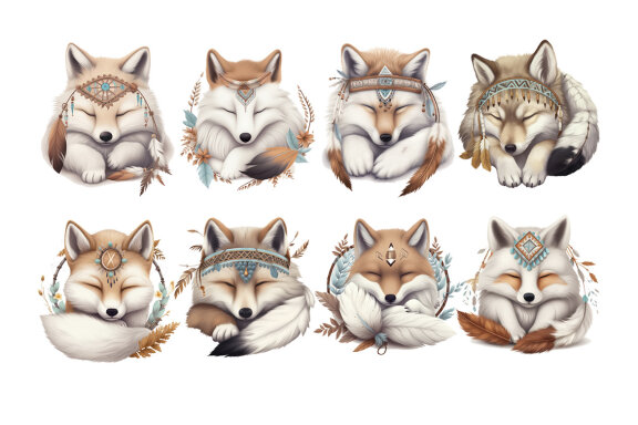 Dreaming Fox PNG Bundle, Cute Boho Foxes Clipart