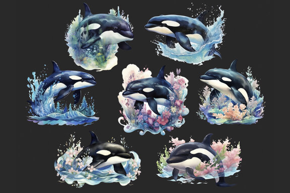Watercolor Orca PNG Bundle