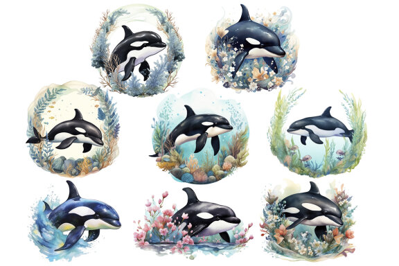 Watercolor Orca PNG Bundle