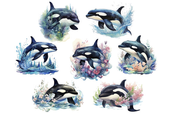 Watercolor Orca PNG Bundle