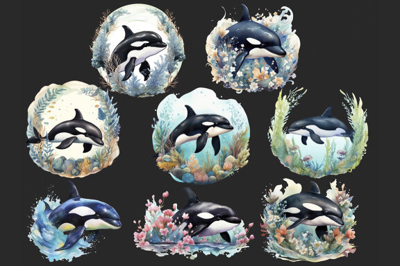 Watercolor Orca PNG Bundle