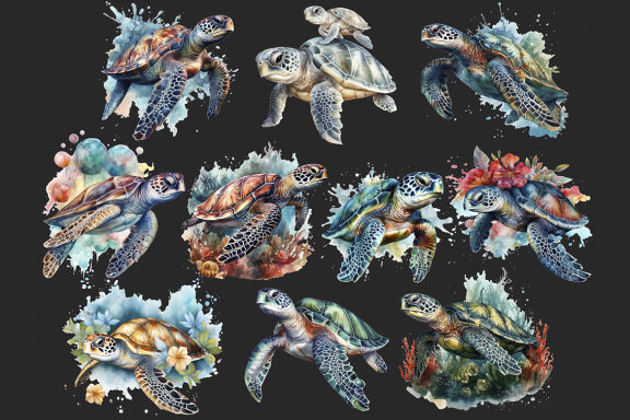 Watercolor Sea Turtle PNG Bundle
