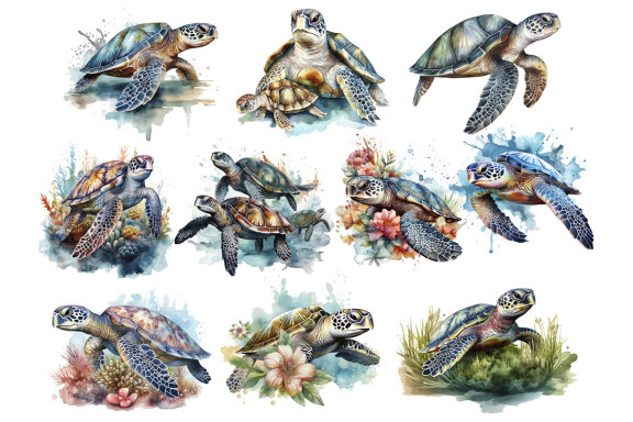 Watercolor Sea Turtle PNG Bundle