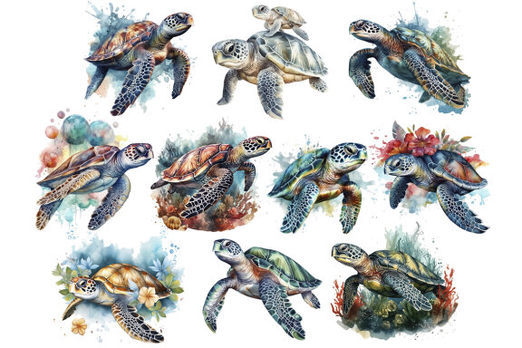 Watercolor Sea Turtle PNG Bundle