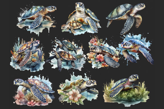 Watercolor Sea Turtle PNG Bundle