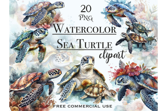 Watercolor Sea Turtle PNG Bundle