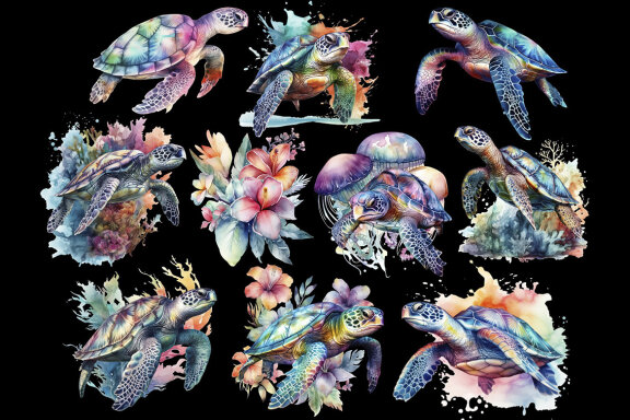 Iridescent Sea Turtle PNG Bundle