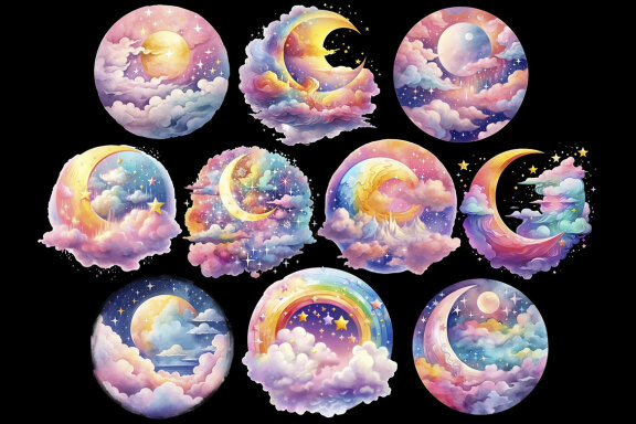 Magic Moon Sky PNG Bundle, Rainbow Night Clipart