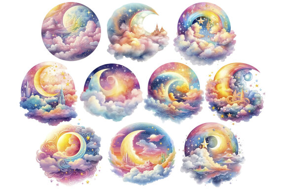 Magic Moon Sky PNG Bundle, Rainbow Night Clipart