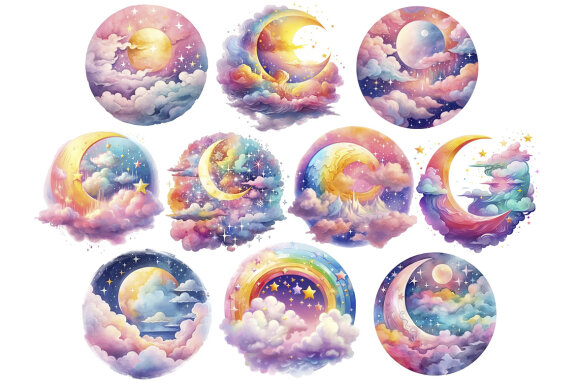 Magic Moon Sky PNG Bundle, Rainbow Night Clipart