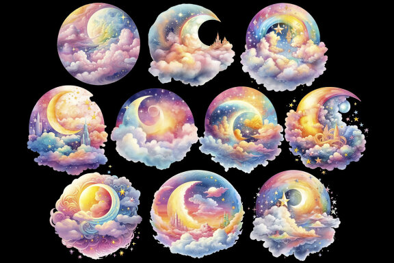 Magic Moon Sky PNG Bundle, Rainbow Night Clipart