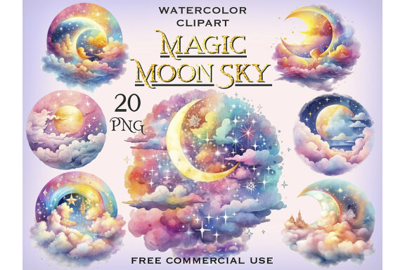 Magic Moon Sky PNG Bundle, Rainbow Night Clipart