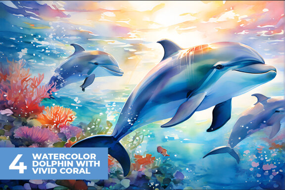 4 Watercolor Dolphin with Vivid Coral Stock Images