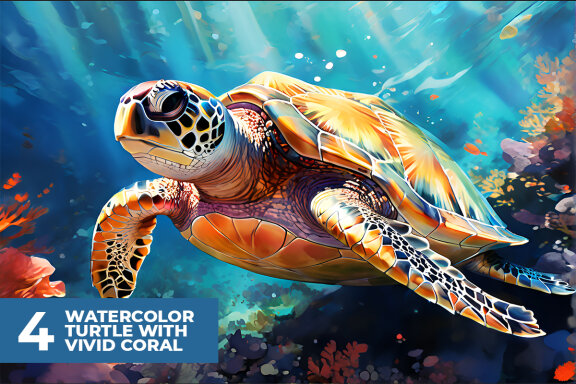 4 Watercolor Turtle with Vivid Coral Stock Images