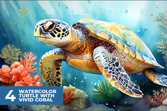 4 Watercolor Turtle with Vivid Coral Stock Images