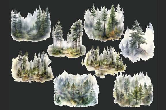 Foggy Pine Forest Clipart, Watercolor Landscape PNG Bundle