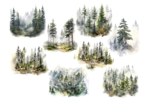 Foggy Pine Forest Clipart, Watercolor Landscape PNG Bundle