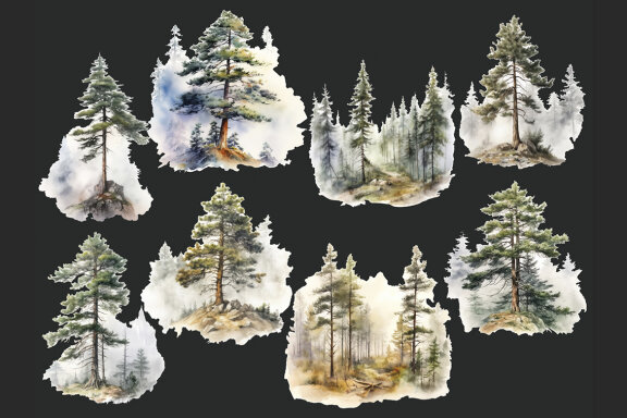 Foggy Pine Forest Clipart, Watercolor Landscape PNG Bundle