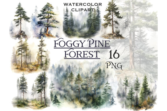 Foggy Pine Forest Clipart, Watercolor Landscape PNG Bundle