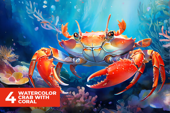 4 Watercolor Crab with Vivid Coral Stock Images