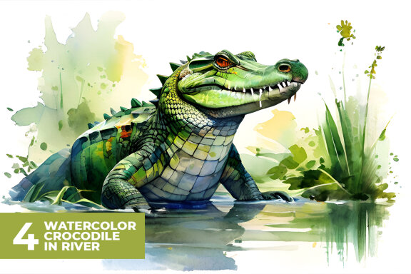4 Watercolor Crocodile in River Stock Images