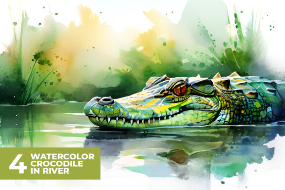 4 Watercolor Crocodile in River Stock Images