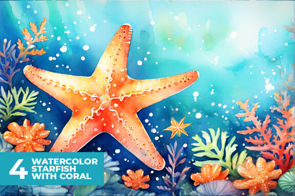 4 Watercolor Starfish with Vivid Coral Stock Images