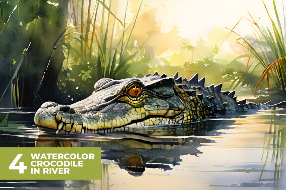 4 Watercolor Crocodile in River Stock Images