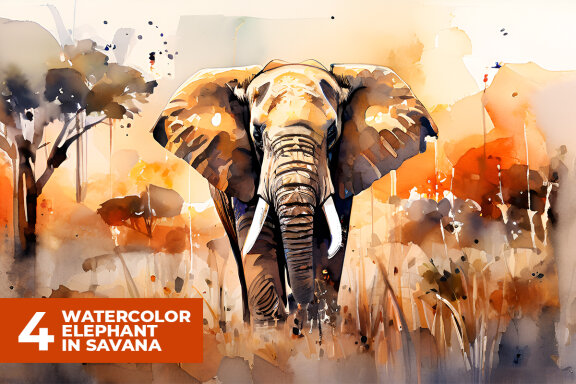 4 Watercolor Elephant in Savanna Stock Images