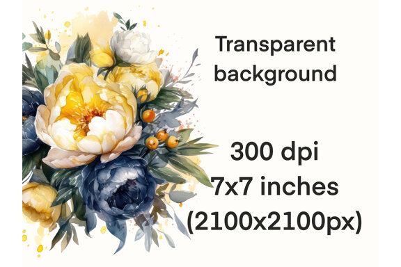 Yellow & Indigo Blue Bouquets PNG Bundle, Watercolor Flowers Clipart